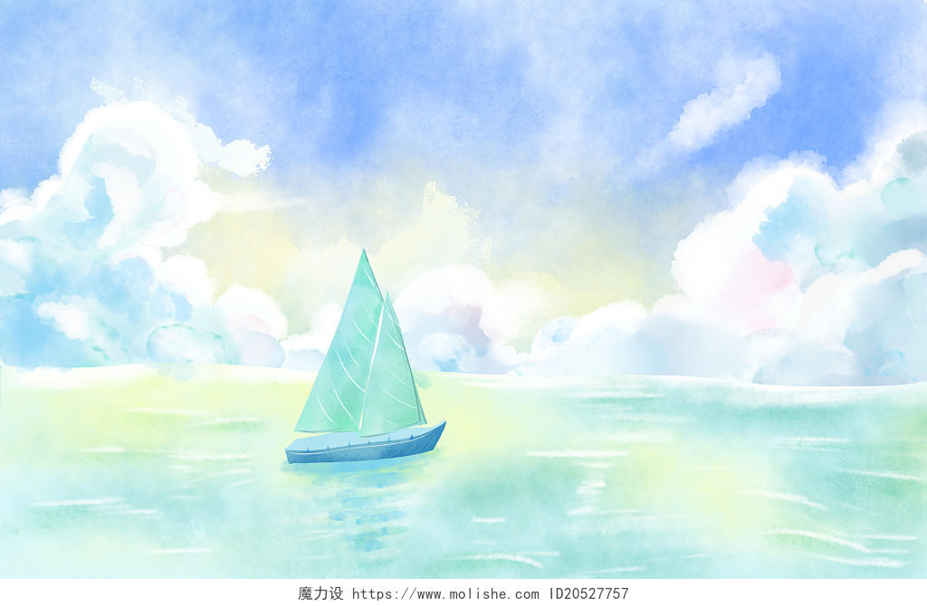 大海 帆船插画 帆船 蓝色 水彩 插画类横版